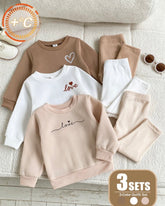 6 Pcs Brown & Beige Polka Dot Heart Sweatshirt & Pants Set for Baby Girls