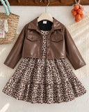 2pcs Set Young Girl Vintage Fall Lapel Short Leather Jacket
