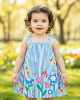 Baby Girl Blue Floral Suspender Dress with Bow – Summer Elegant Outfit