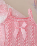 Baby Girl Pink Fur Collar Bow Cardigan & A-Line Dress Set – 2-Piece Princess Outfit
