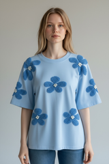 Women's Round Neck Digital Printed Flower Studded T-Shirt