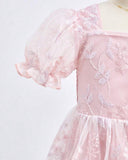 Baby Pink Embroidered Puff Sleeve Tulle Dress for Girls