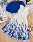 Girls 2-Piece Blue Floral Print Pleated Dress & Cardigan Set