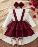 3PCS Baby Girl White Bodysuit, Meroon Suspender Dress & Headband Set