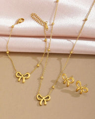 3pcs Elegant Stainless Steel Bow Pendant Necklace, Bracelet And Earrings Set