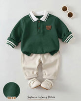 2pcs Baby Boy Green Polo Bear Shirt & Beige Winter Pants
