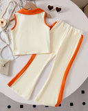 2pcs Girls 3D Floral Knitted White and Orange Polo Vest And Flared Pants