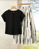 2pcs/Set Women's Casual Black Top + Tie-Dye Printed Skirt Set