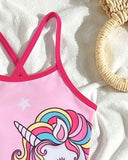 Girls Unicorn Print One-Piece Swimsuit with Skirt