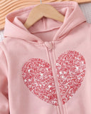 Young Girl Heart Print Hooded Zip-Up Cardigan
