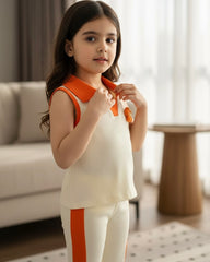 2pcs Girls 3D Floral Knitted White and Orange Polo Vest And Flared Pants