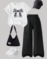 Tween Girls Black & White Bow Embroidery T-Shirt with Cargo Pants Set