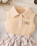 2pcs Beige Baby Girl Bowknot-Shape Embroidery Sleeveless Top&Short Pleated Skirt