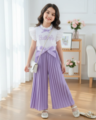 Kids Lilac Flounce Sleeve Top & Wide Leg Pants Set