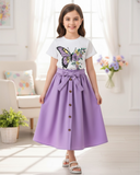Butterfly Pattern Printed Short Sleeve T-Shirt And Elastic Waist Skirt