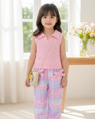 2pcs Girls’ Pink Knit Shirt & Ombre Plaid Pants