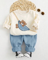 2pcs Baby Boy Bear Round Neck Hoodie And Dusty Blue Pants Set