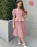 Girls’ 2pc Pink Square Collar Puff Sleeve Top & Pleated Skirt Set