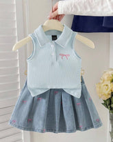 Girls’ Light Blue Sleeveless Polo Knit Top & Light Blue Denim Skirt