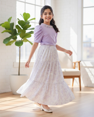 Tween Girl 2Pcs Outfit – Light Purple Faux Pearl Top & Floral Ruffle Skirt Set