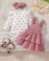 Baby Girl 3pcs Pink Polka Dot Print Bodysuit, 2-Layer Ruffle Skirt & Headband Set