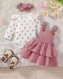 Baby Girl 3pcs Pink Polka Dot Print Bodysuit, 2-Layer Ruffle Skirt & Headband Set