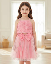 Young Girls Floral Embroidery Top & Star Mesh Skirt 2-Piece Set
