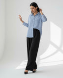 Plus Size Casual Striped Long Sleeve Blue Shirt & Black Long Pants 2pcs Set