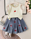 Girls Cherry Embroidered Top & Frilled Denim Skirt Set (3 Colours)