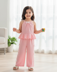 2pcs Baby Girls’ Pink colour Spaghetti Strap Camisole Top With 3D Bow Decor Straight Leg Pants Set