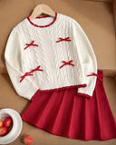 Girls’ Red Bow White Cardigan & Red Pleated Skirt Set