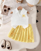 Girls’ Ribbed Knit Tank Top & Yellow Bow Print Skirt Set