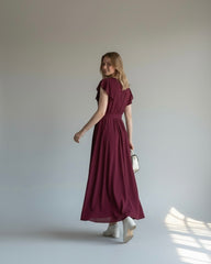 Casual Bold Plum A Line Midi Dress With Ruffle Short Puff Sleeves And Round Neck