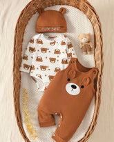 Newborn Baby Boy Brown Bear Jumpsuit Set with Letter Embroidered Romper & Hat
