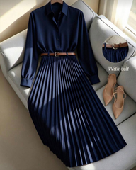 Solid Color Long Sleeve Shirt Paired With A-Line Skirt, Pleated Skirt Comes With Belt