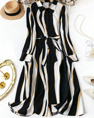 Women's Black Wave Striped Long Sleeve Casual Shirt Dress Maxi