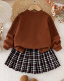 Young Girl Floral Brown Knit Sweatshirt & Pleated Mini Skirt