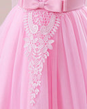 Girls Pink Floral Lace Princess Dress – Bowknot Long Gown