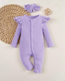 Newborn Baby Girl 2-Piece Purple Knit Romper Set with Headband