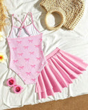 Girls Bow Print One-Piece Swimsuit with Pink Skirt