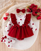 Baby Girl 3D Red Heart Flutter Sleeve Denim Overall Bodysuit + Bow Ruffle Socks
