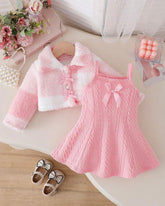 Baby Girl Pink Fur Collar Bow Cardigan & A-Line Dress Set – 2-Piece Princess Outfit
