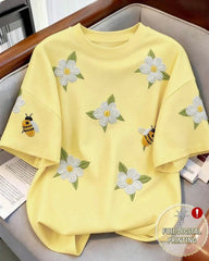 Women's Floral & Bee Embroidery Round Neck Short Sleeve Casual T-Shirt