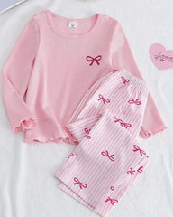 Kids Girls Bow Print Ribbed Pajama Set – Pink Long Sleeve Top & Pants