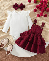 3PCS Baby Girl White Bodysuit, Meroon Suspender Dress & Headband Set