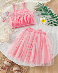 Young Girls Floral Embroidery Top & Star Mesh Skirt 2-Piece Set