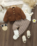 Newborn Baby Brown and White Striped Cardigan + Suspender Romper
