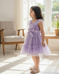 Kids Young Girl V-Neck Mauve purple Mesh Dress With Ruffles And Pleats
