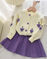 Girls' Purple Long Sleeve Fruit Pom Pom Decorated Sweater And Pleated Skirt