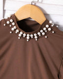 Tween Girl 2Pcs Outfit – Brown Faux Pearl Top & Floral Ruffle Skirt Set